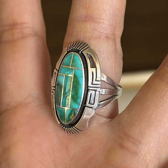 Navajo Handmade vintage Silver and Turquoise Inlay Ring size 9 - Picture 10 of 14